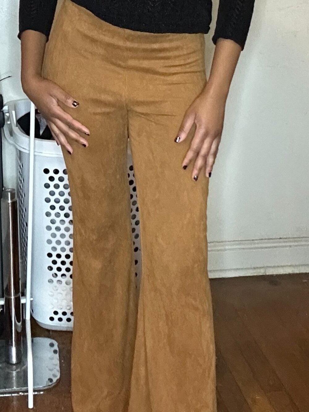 Tan Suede-Look Boot Cut Pants